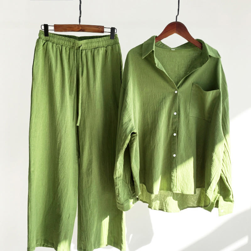 Buddha Stones 2Pcs Long Sleeve Shirt Top With Pockets Drawstring Pants Meditation Cotton Clothing Women's Set
