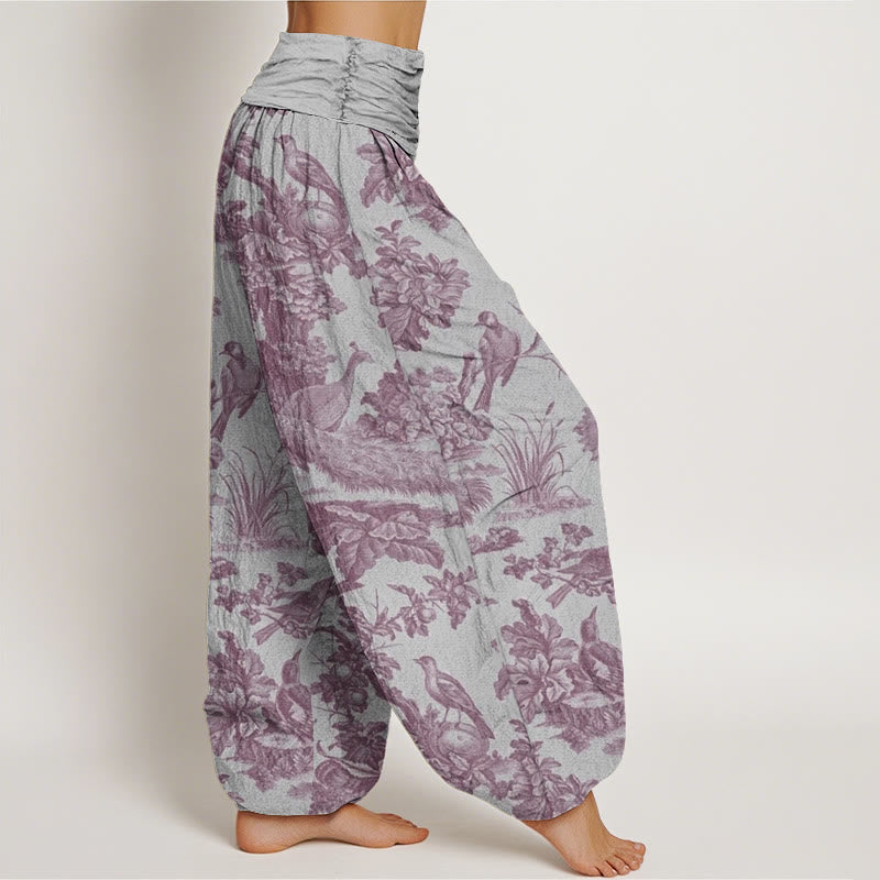 Buddha Stones Cotton Birds Trees Branches Pattern Women's Elastic Waist Harem Pants