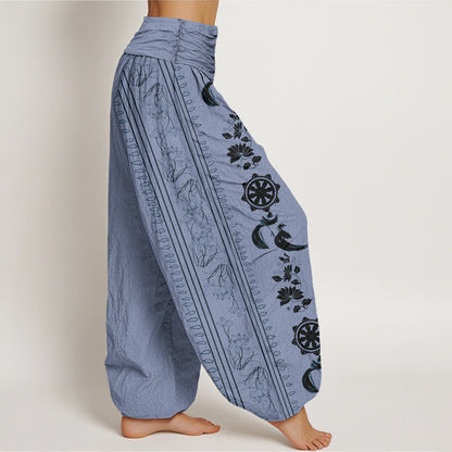 Buddha Stones Cotton Dharma Wheel Lotus OM Pattern Women's Elastic Waist Harem Pants