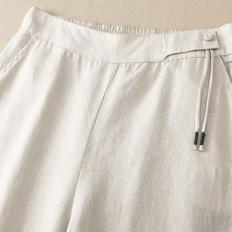 Buddha Stones Casual Solid Color One Button Women's Capri Wide Leg Pants With Pockets