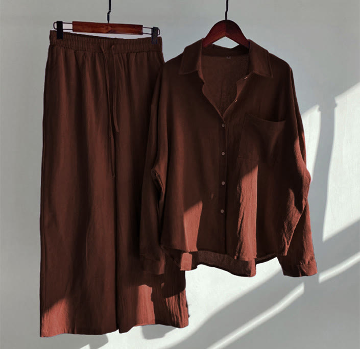 Buddha Stones 2Pcs Long Sleeve Shirt Top With Pockets Drawstring Pants Meditation Cotton Clothing Women's Set