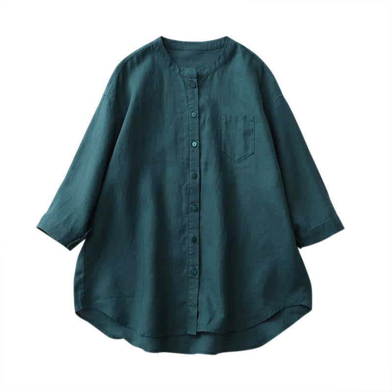 Buddha Stones Solid Color Button Three Quarter Sleeve Shirt