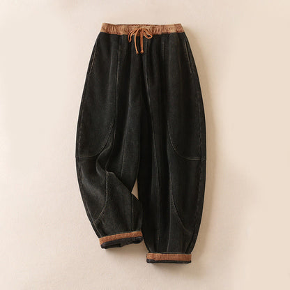 Buddha Stones Color Contrast Corduroy Cotton Women's Thermal Fleece-Lined Harem Pants With Pockets