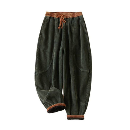 Buddha Stones Color Contrast Corduroy Cotton Women's Thermal Fleece-Lined Harem Pants With Pockets