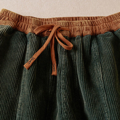 Buddha Stones Color Contrast Corduroy Cotton Women's Thermal Fleece-Lined Harem Pants With Pockets