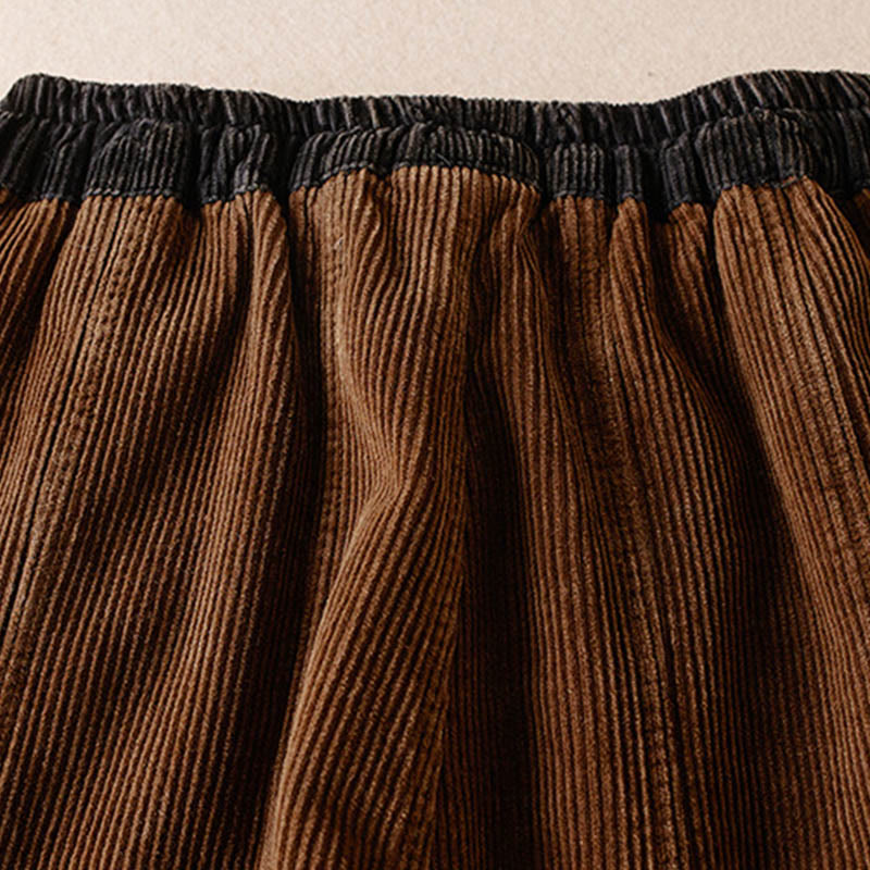 Buddha Stones Color Contrast Corduroy Cotton Women's Thermal Fleece-Lined Harem Pants With Pockets