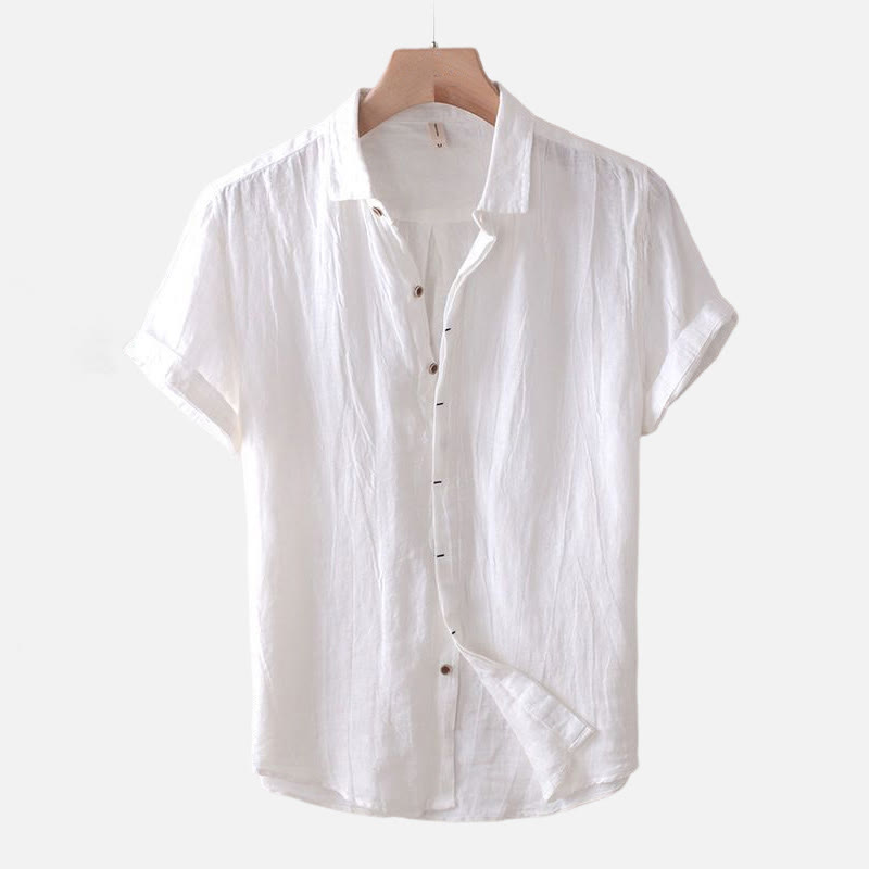 Buddha Stones Men's Shirt Solid Color Lapel Top Short Sleeve Comfy Button Crease Cotton Linen Shirt