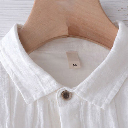 Buddha Stones Men's Shirt Solid Color Lapel Top Short Sleeve Comfy Button Crease Cotton Linen Shirt