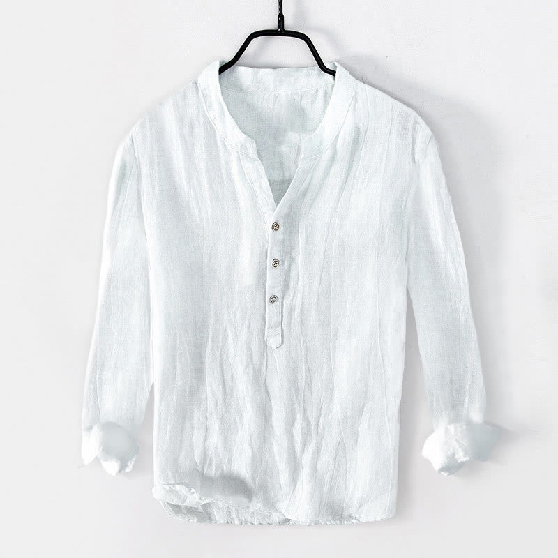 Buddha Stones Solid Color Short Sleeve Half Button Shirt Cotton Linen Men Clothing