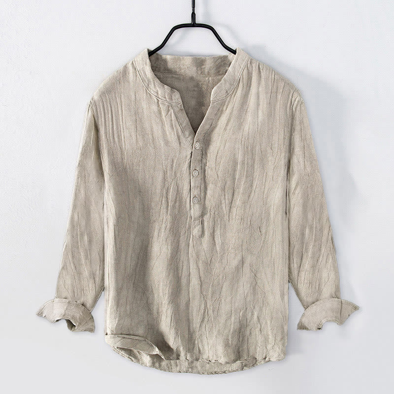 Buddha Stones Solid Color Short Sleeve Half Button Shirt Cotton Linen Men Clothing