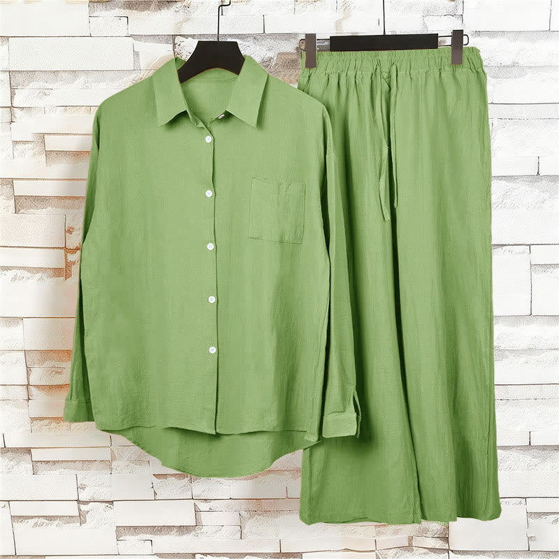 Buddha Stones 2Pcs Long Sleeve Shirt Top With Pockets Drawstring Pants Meditation Cotton Clothing Women's Set