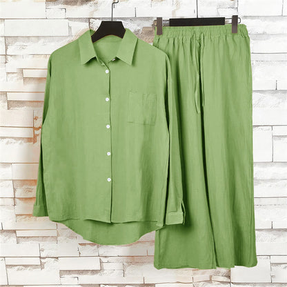 Buddha Stones 2Pcs Long Sleeve Shirt Top With Pockets Drawstring Pants Meditation Cotton Clothing Women's Set