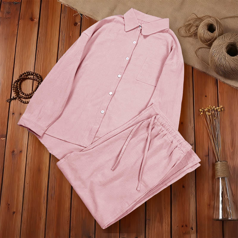 Buddha Stones 2Pcs Long Sleeve Shirt Top With Pockets Drawstring Pants Meditation Cotton Clothing Women's Set