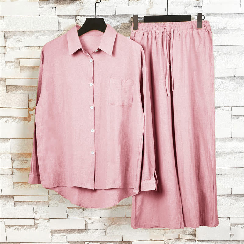 Buddha Stones 2Pcs Long Sleeve Shirt Top With Pockets Drawstring Pants Meditation Cotton Clothing Women's Set