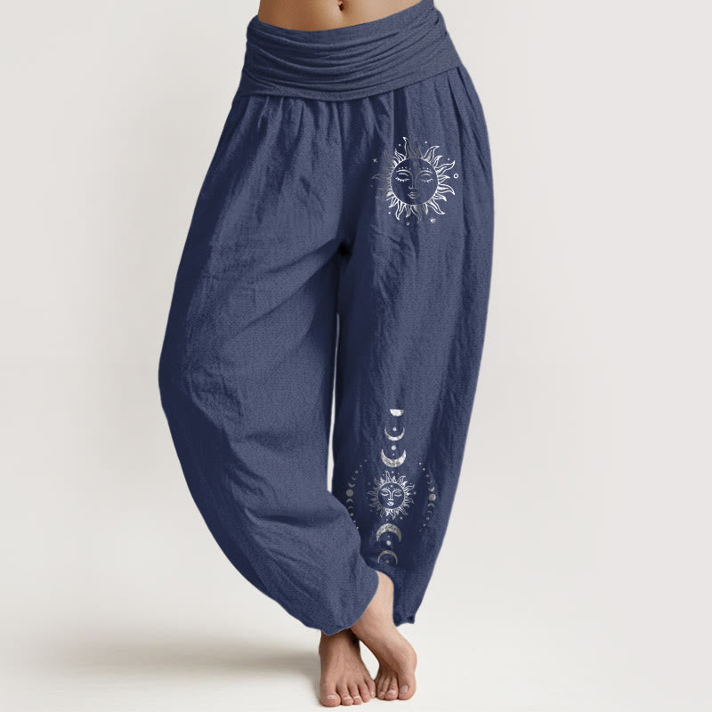 Buddha Stones Sun Moon Stars Pattern Women's Elastic Waist Harem Pure Cotton Pants