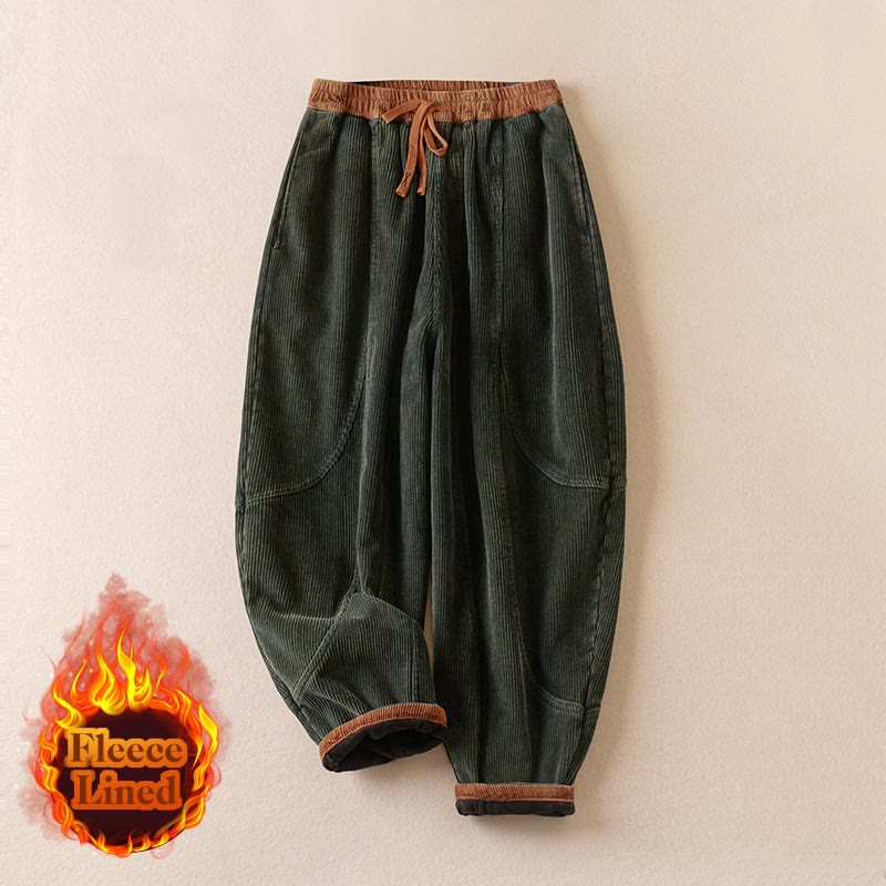 Buddha Stones Color Contrast Corduroy Cotton Women's Thermal Fleece-Lined Harem Pants With Pockets