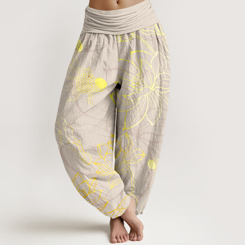 Buddha Stones Pure Cotton Lotus Leaf Koi Fish Women's Elastic Waist Harem Pants