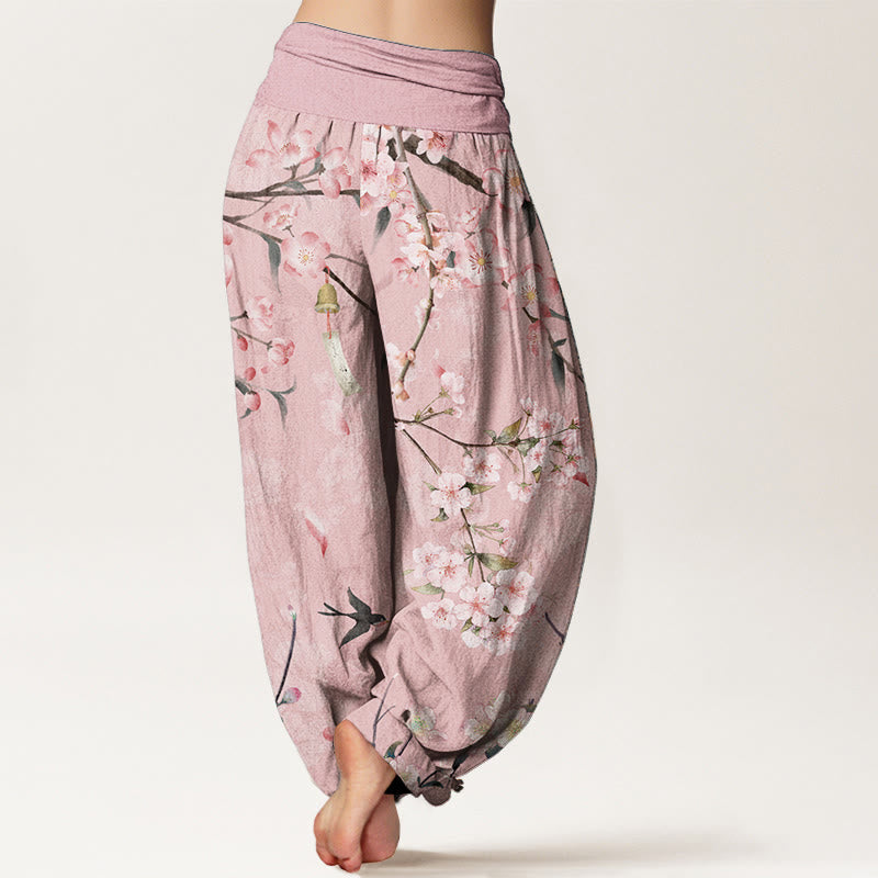 Buddha Stones Pure Cotton Peach Blossoms Flying Geese Pattern Women's Elastic Waist Harem Pants