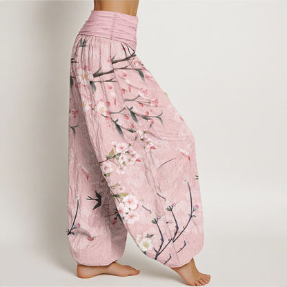 Buddha Stones Pure Cotton Peach Blossoms Flying Geese Pattern Women's Elastic Waist Harem Pants