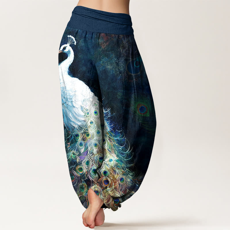 Buddha Stones Pure Cotton Gorgeous Peacock Pattern Women's Elastic Waist Harem Pants