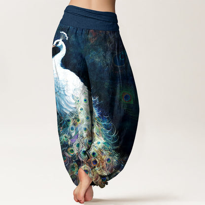 Buddha Stones Pure Cotton Gorgeous Peacock Pattern Women's Elastic Waist Harem Pants