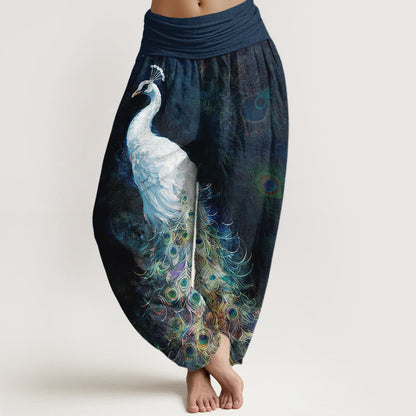 Buddha Stones Pure Cotton Gorgeous Peacock Pattern Women's Elastic Waist Harem Pants