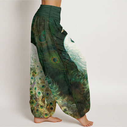 Buddha Stones Pure Cotton Gorgeous Peacock Pattern Women's Elastic Waist Harem Pants