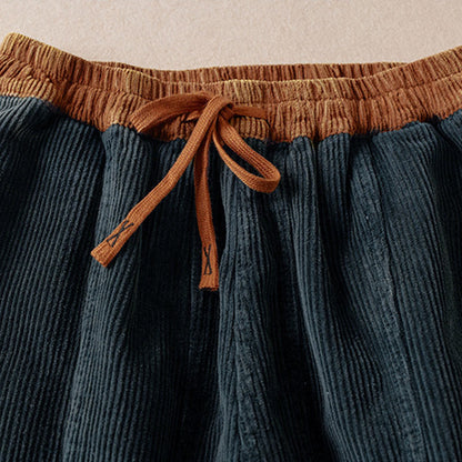 Buddha Stones Color Contrast Corduroy Cotton Women's Thermal Fleece-Lined Harem Pants With Pockets