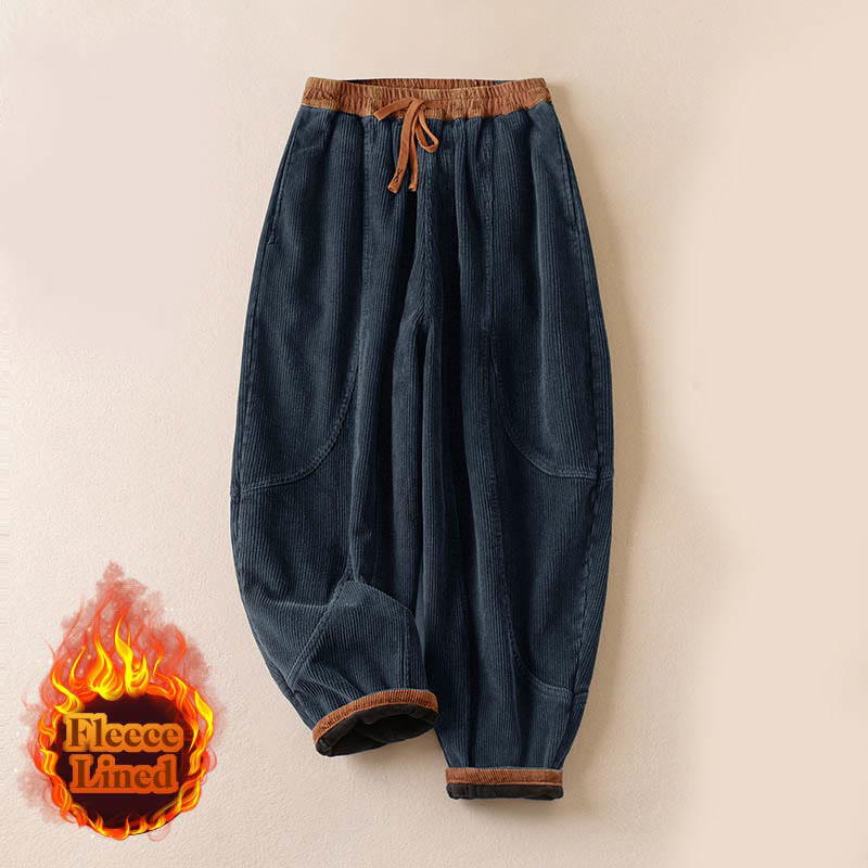 Buddha Stones Color Contrast Corduroy Cotton Women's Thermal Fleece-Lined Harem Pants With Pockets