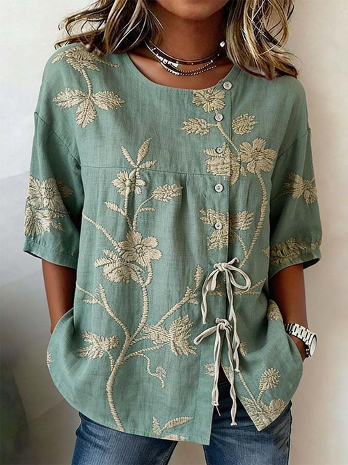 Women's Plants And Flowers Buttoned And Laced Linen Blend Shirt