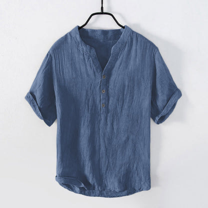 Buddha Stones Solid Color Short Sleeve Half Button Shirt Cotton Linen Men Clothing