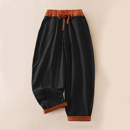 Buddha Stones Color Contrast Corduroy Cotton Women's Thermal Fleece-Lined Harem Pants With Pockets