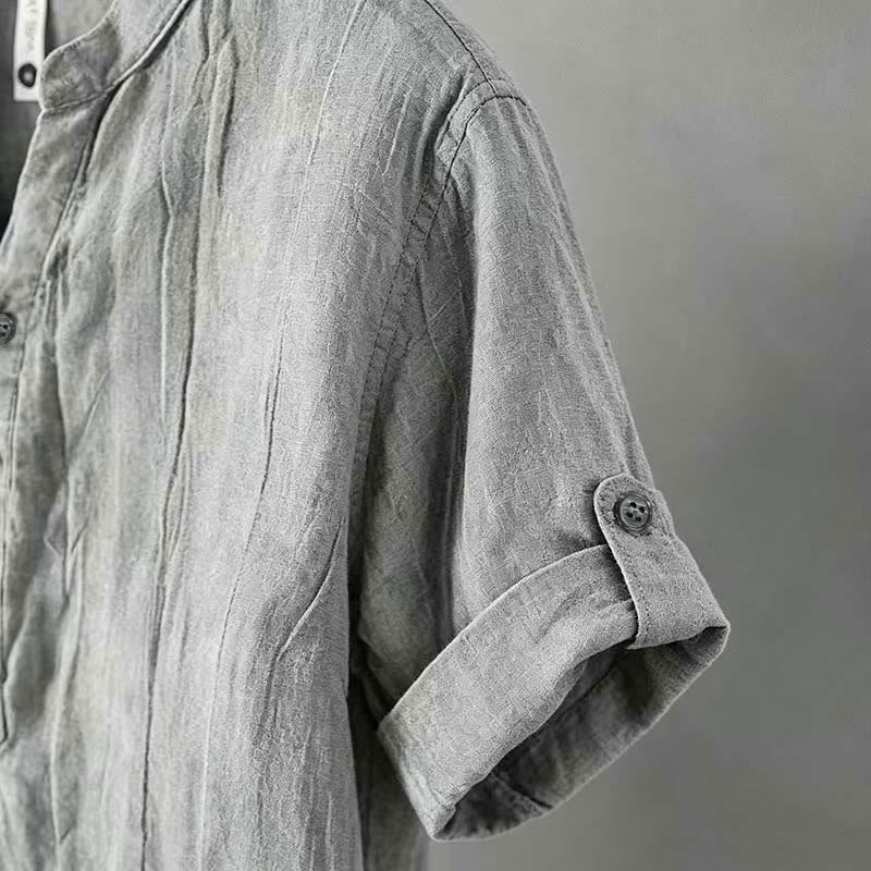 Buddha Stones Solid Color Short Sleeve Half Button Shirt Cotton Linen Men Clothing