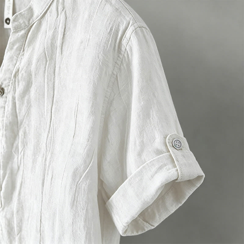 Buddha Stones Solid Color Short Sleeve Half Button Shirt Cotton Linen Men Clothing