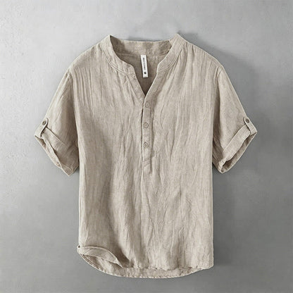 Buddha Stones Solid Color Short Sleeve Half Button Shirt Cotton Linen Men Clothing