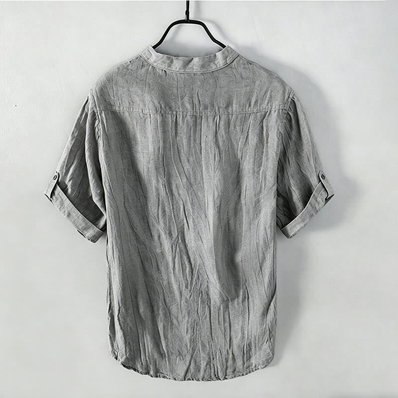 Buddha Stones Solid Color Short Sleeve Half Button Shirt Cotton Linen Men Clothing
