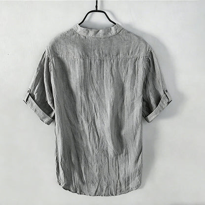 Buddha Stones Solid Color Short Sleeve Half Button Shirt Cotton Linen Men Clothing
