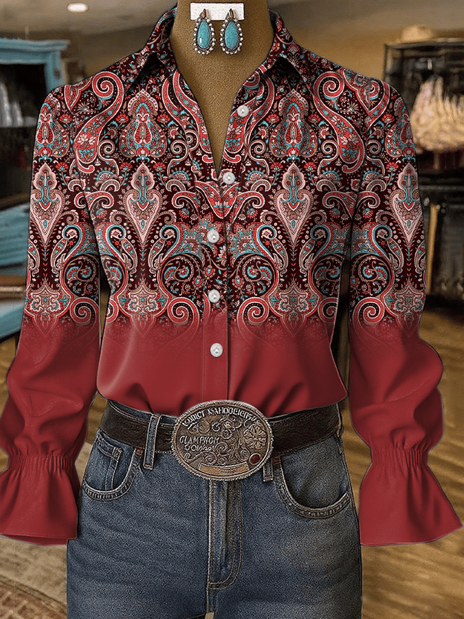 Women's Western Vintage Art Floral Print Shirt