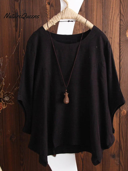 Women's Solid Color Loose Elegant Bat Sleeve Casual Cotton And Linen Shirt