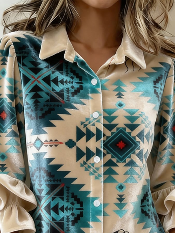 Women'S Casual Lapel Printed Velvet Shirt