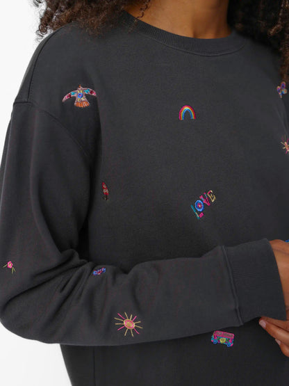 Fave Little Things Embroidered Sweatshirt - Charcoal Doodle