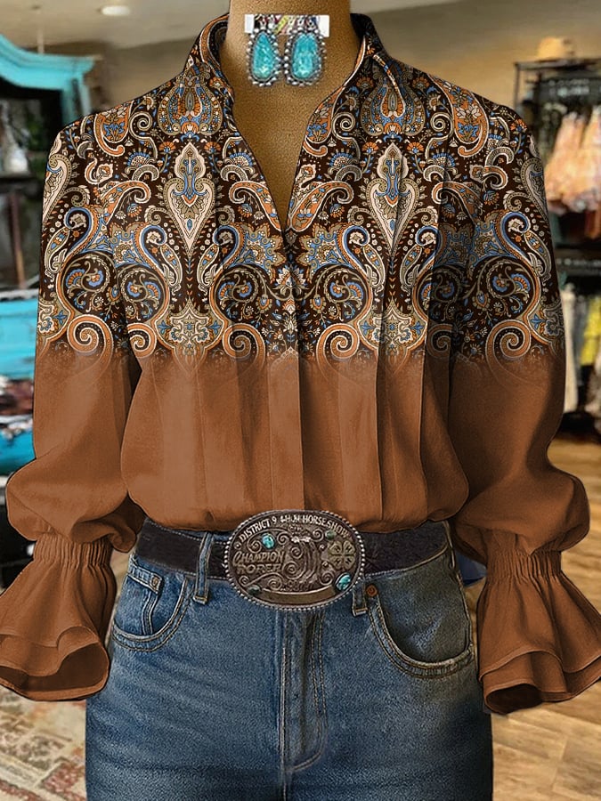 Women's Retro Western Floral Print Shirt