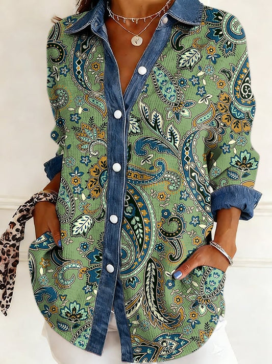 Women's Vintage Floral Print Casual Color-Block Waffle Knit Shirt