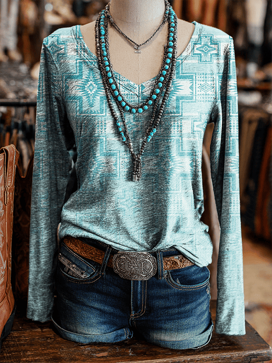Women's Retro Western Print V-Neck Long Sleeve T-Shirt
