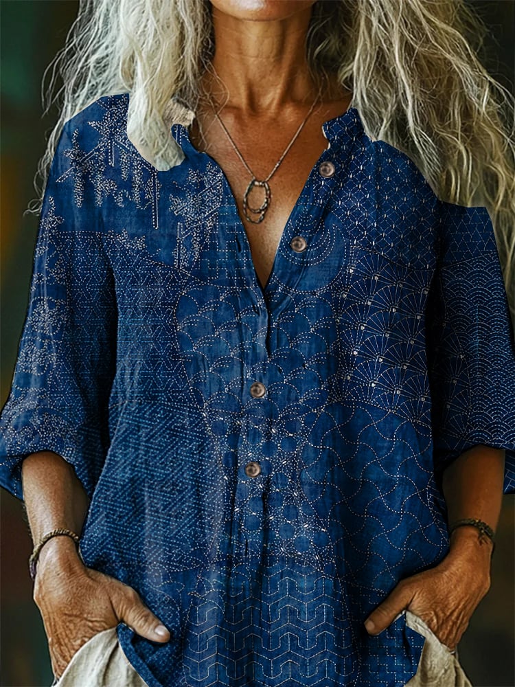Women's Casual Retro Floral Cotton And Linen Shirt