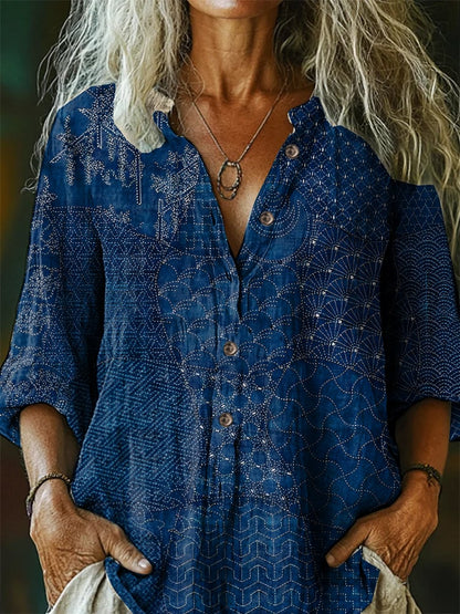 Women's Casual Retro Floral Cotton And Linen Shirt
