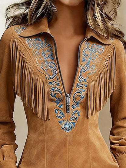 Women'S Vintage Lapel Long-Sleeved Fringed Shirt
