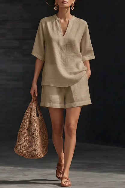 Minimalist Cozy V-neck Shirt And Shorts Linen Cotton Two-piece Set