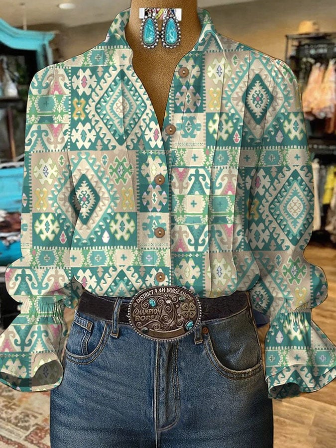 Women's Retro Casual Western Puff Sleeve Shirt