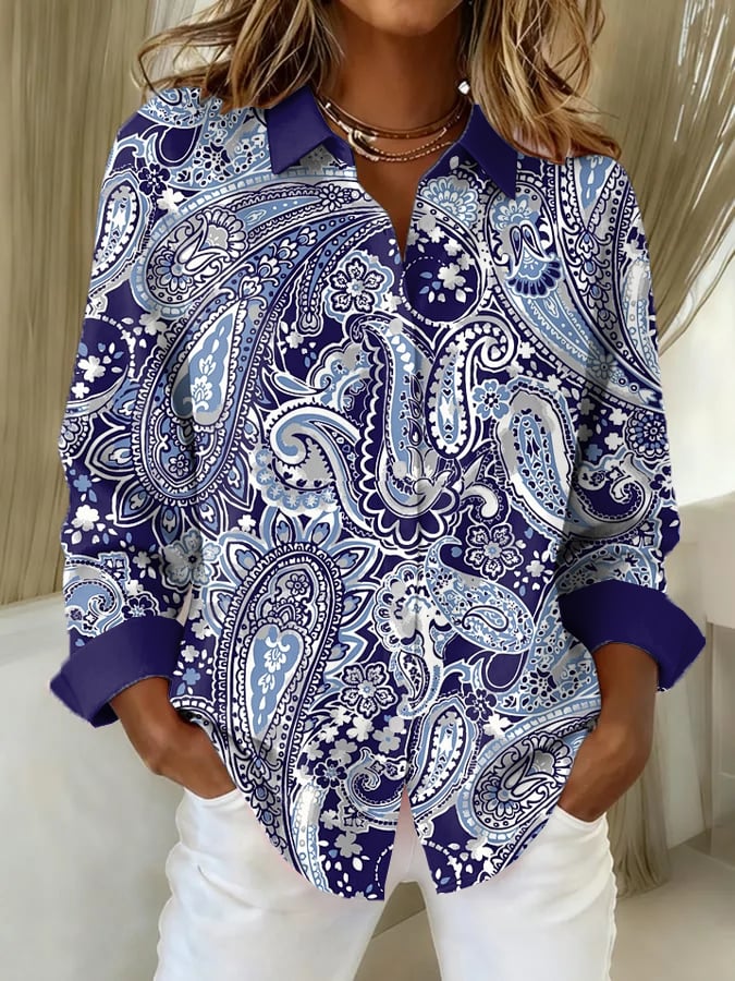 Women's Paisley Art Print Casual Lapel Shirt